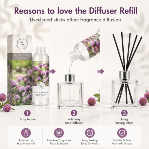 Reed Diffuser Refill, Velvet petunial 6.7 oz. Scented Oil for Reed Diffuser Home Fragrance for Bathroom, Bedroom, Office Decor