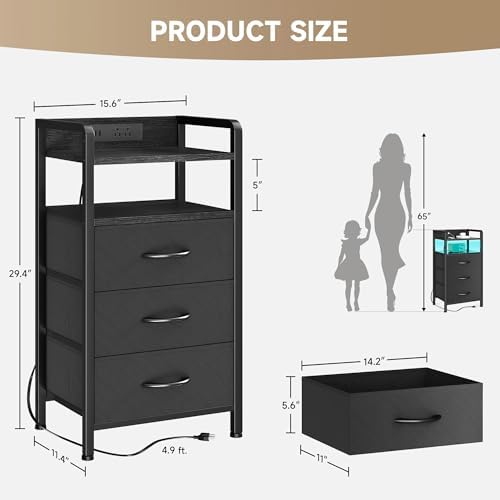 Lazzanto Nightstand with Rear Charging Station, LED Light, 3 Drawers, Black