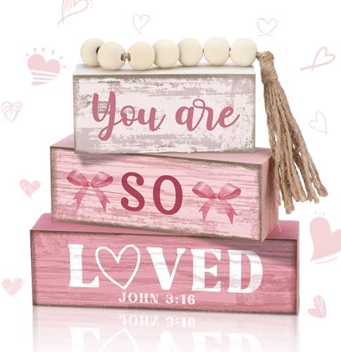 Yuntau 4 Pcs Pink Christian Table Decor Wooden Bow Decor Blocks Sign