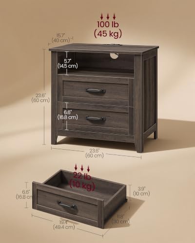 VASAGLE 23.6 inch Farmhouse Nightstands Set 2, Charging Station, 2 Drawers