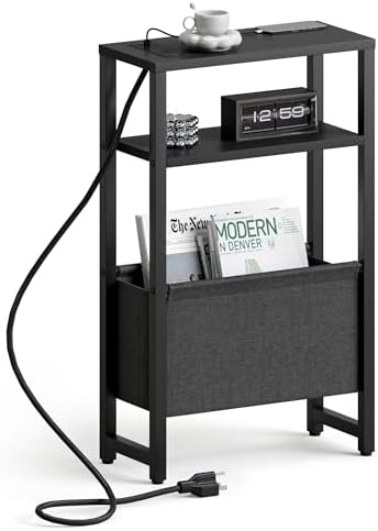 Narrow Side Table with Charging Station, Slim End Table with Magazine Rack, Bedside Table for Small Spaces, 3 Tier Sofa Couch Table Nightstand for Living Room, Bedroom, Black LET503BE