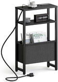 Narrow Side Table with Charging Station, Slim End Table with Magazine Rack, Bedside Table for Small Spaces, 3 Tier Sofa Couch Table Nightstand for Living Room, Bedroom, Black LET503BE