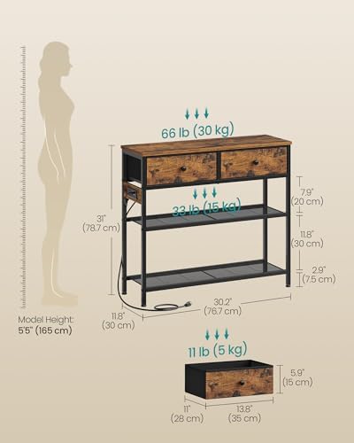 SONGMICS Console Table with Power Outlets and LED Lights, 2 Fabric Drawers