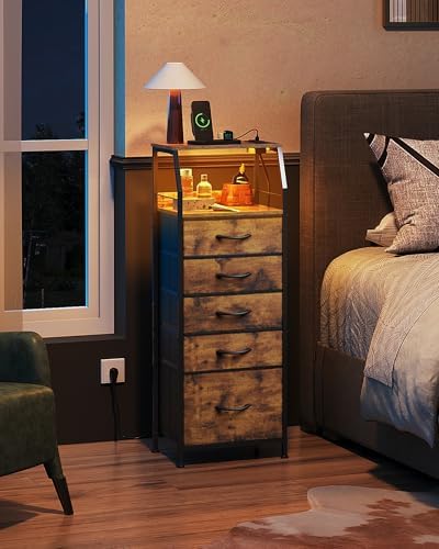 WLIVE LED Nightstand with Charging Station, Fabric Dresser with 5 Drawers for Bedroom, Tall Night Stand with Open Shelves, Bed Side Tables Living Room, Rustic Brown