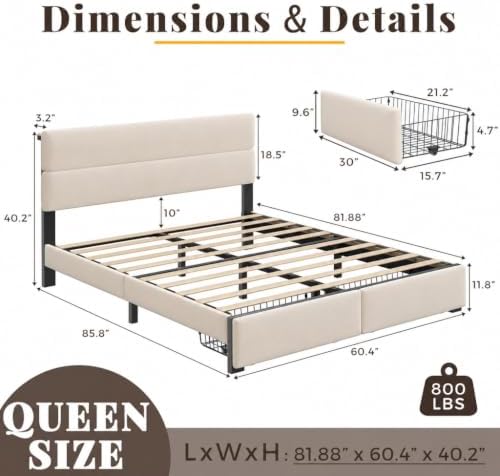 Queen Bed Frame with 2 Storage Drawers, Beige Velvet Upholstered