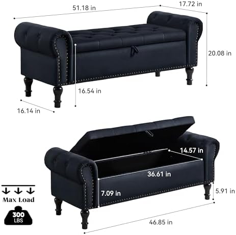 Storage Bench for Bedroom, 51" Upholstered End of Bed Bench, Velvet Queen Size Benches with Rolled Arms, Tufted Button Storage Long Ottoman, Living Room, Entryway, Black