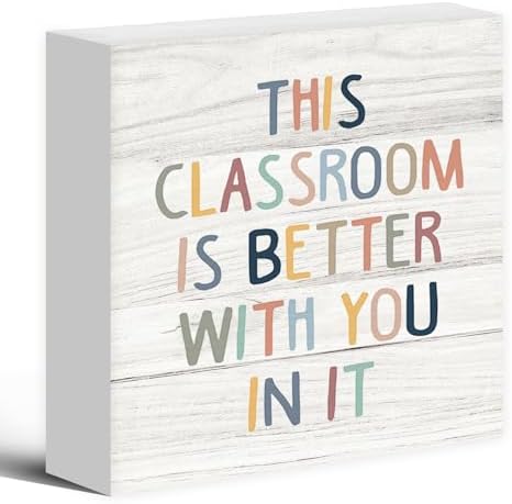 Boho Classroom Decor Inspirational Wood Box Sign Desk Decor 6x6, Playroom Nursery Classroom Quote Wooden Block Sign Decorations for Kids Room Reading Room Wall Tabletop Shelf