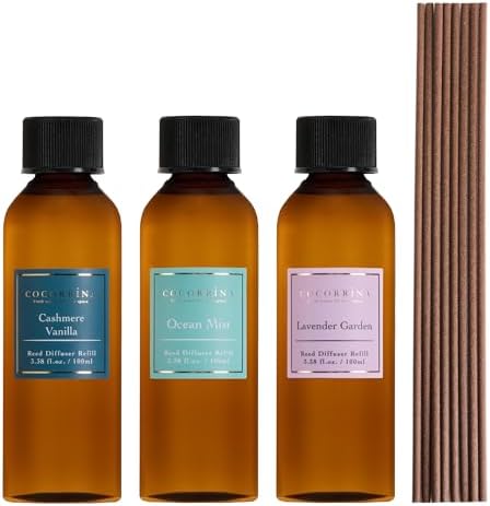 COCORRÍNA Reed Diffuser Refill Set, 10.2oz Scented Oil Refill 3 Pack, Cashmere Vanilla, Ocean Mist, Lavender Garden, Long Lasting Oil Diffuser Refill with 18 Sticks for Bathroom & Bedroom