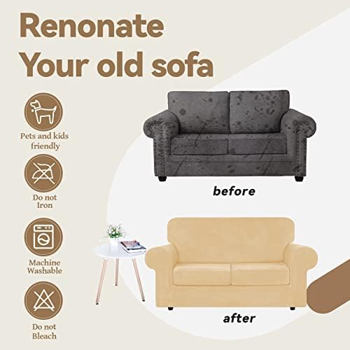 WEERRW Velvet Stretch 3 Pieces Couch Cover for Sofa Washable, Champagne
