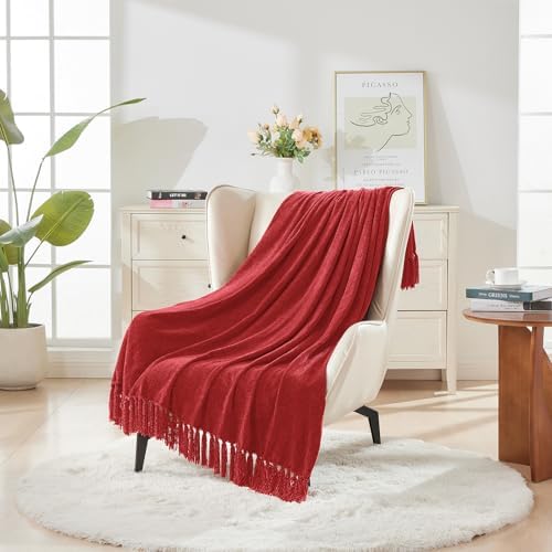 CozeCube Chenille Throw Blanket, Christmas Red Fringe Blanket, 50"X60"