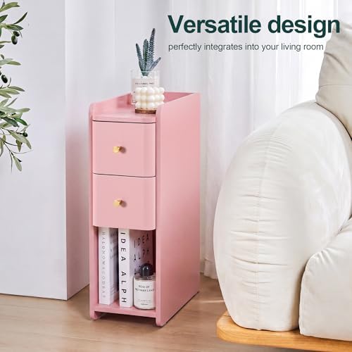 FurSch Narrow Nightstand, Wooden 2 Drawer, Slim Side End Table, Pink, 1 pc