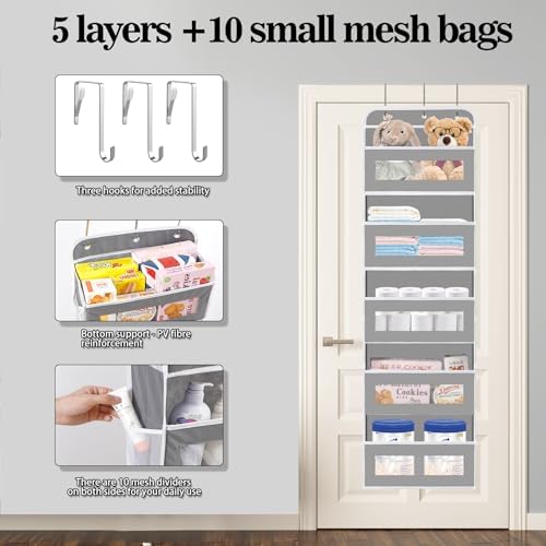 KYEVIS Over The Door Organizer, 5 Shelves Closet Door Hanging Organizer with 10 Mesh Pockets, Nursery Closet Organizer, Baby Essentials, Dorm Room Essentials for Girls