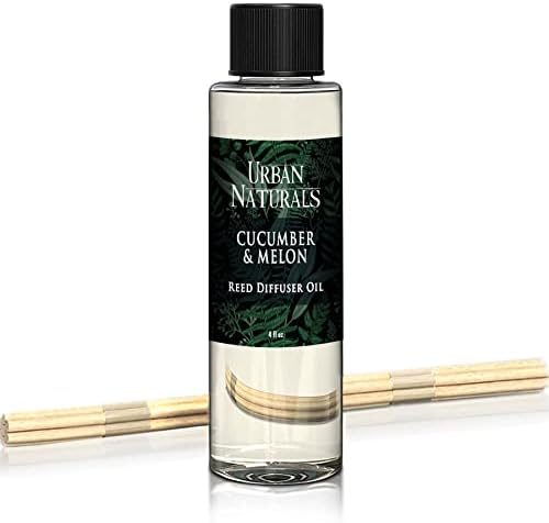 Urban Naturals Reed Diffuser Oil Refill Cucumber Melon, Crisp Cucumber, Juicy Melon, Refreshing Summer Scent, 4 oz + Free Reed Sticks, Made in the USA