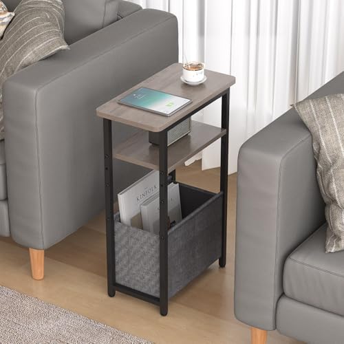 sthmec Narrow Side Table Set of 2, Skinny End Tables with Fabric Basket, Small Side Tables for Small Space,2-Tier Open Shelves with Basket, Slim Nightstands Set 2 for Bedroom,Livinroom,Office, Grey