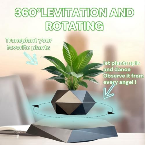Levitating Plant Pot, Floating Plant Pot Small Floating Flower Pot, 360° Rotating Floating Pots for Plants, Floating Planter for Levitating Decor, Levitating Display Home Office Desk Decor (Black)