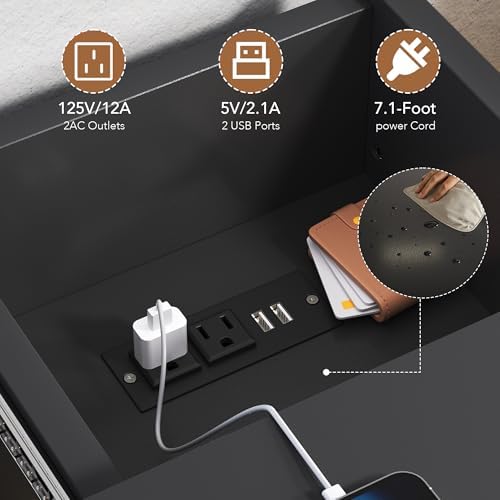 Nightstand with Charging Station and LED Lights, 17.7 Inches LED Night Stand with Sliding Top Storage, Adjustable Shelf, Bedside Table, Modern End Table for Bedroom, Single, Black