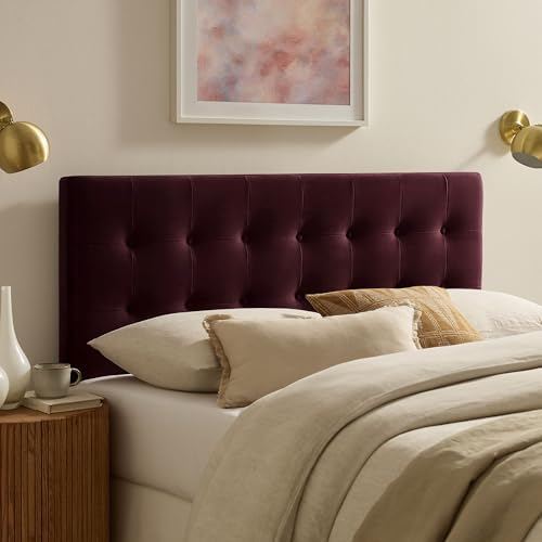 Modway Emily King Size Performance Velvet Headboard in Mulberry - Stain-Resistant Velvet Upholstery with Button Tufting and 7 Adjustable Height Positions