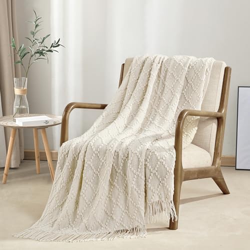 BOURINA Beige Throw Blanket 50 x70 Inch Jacquard Throw Knitted Blanket