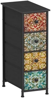 GiftGo Skinny Slim Dresser with Fabric Drawers Thin Boho Mandala Flower Chest of Drawers Narrow Storage Tower for Small Spaces Gaps Bedroom Beautiful Nightstand Living Room Table