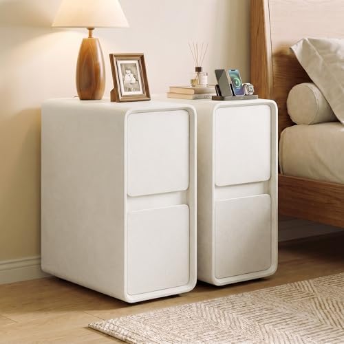 7.8" W Leather Narrow Nightstand Set of 2, Modern Fully-Assembled Bedside Table with 2 Drawers, White Night Stand Small Accent End Table & Side Table for Bedroom, Cream White