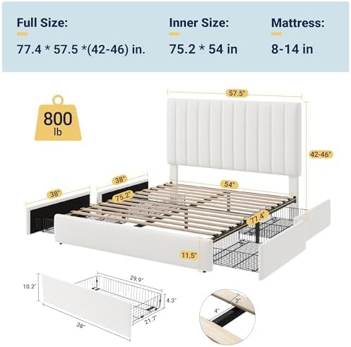 Allewie Full Size Storage Bed Frame, Vertical Channel Tufted Adjustable Headboard, Velvet Upholstered Platform Bed with 4 Oversized Underbed Drawers, Wooden Slats Support, No Box Spring Needed, White