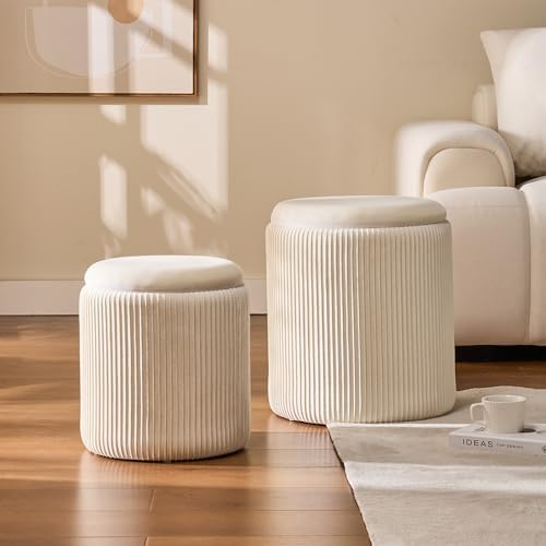 BLEXA Set of 2 Round Storage Ottoman, White Velvet Ottoman with Storage