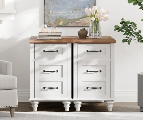WAMPA Set of 2 End Tables with Charging Station, Off White Wood Nightstand