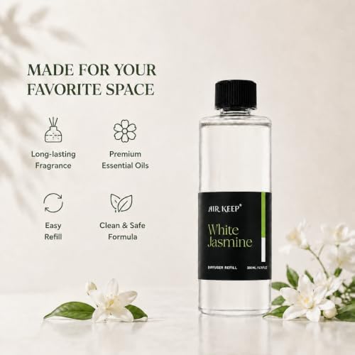 Airkeep White Jasime Reed Diffuser Refill – 6.76 fl oz – Premium Scented Oil for Home Aromatherapy – Long-Lasting Fragrance for Reed Diffusers – Perfect for Bathroom, Bedroom & Home Decor