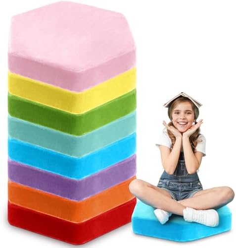 GlikCeil 8 Pack Hexagon Floor Pillow Cushions for Kids 15'' Classroom Soft Warm Short Plush Colorful Flexible Seating for Toddler Indoor Reading Corner Playroom Yoga Daycare Home Preschool(Rainbow)