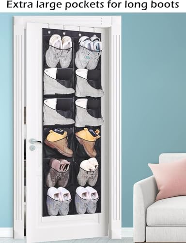 Boots Hanging Shoe Organizer for Closet 12 Extra Large Mesh Pockets Over The Door Shoe Rack for Men Shoes Size 16, Black