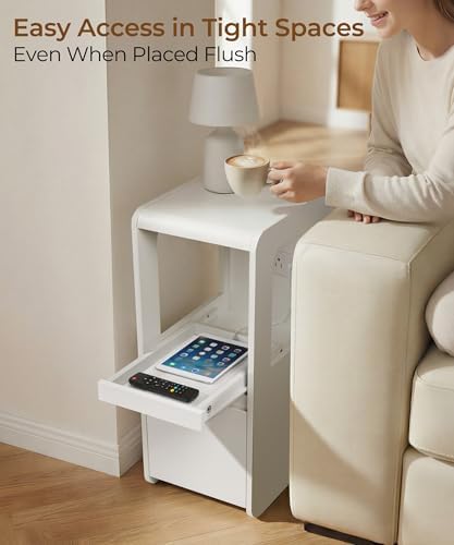 White Narrow Side Table, Slim End Table with Charging Station