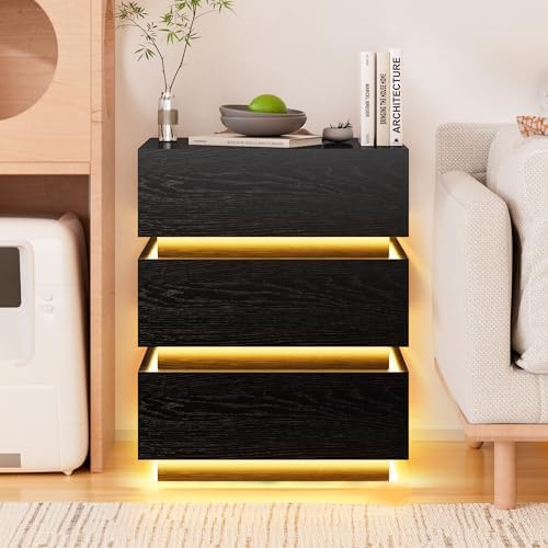 COWMOU LED Night Stand with Charging Station, 3 LED Strip Lights, 2 Outlets and USB-A/C Ports Bed Side Tables Bedroom Set Black End Table for Living Room