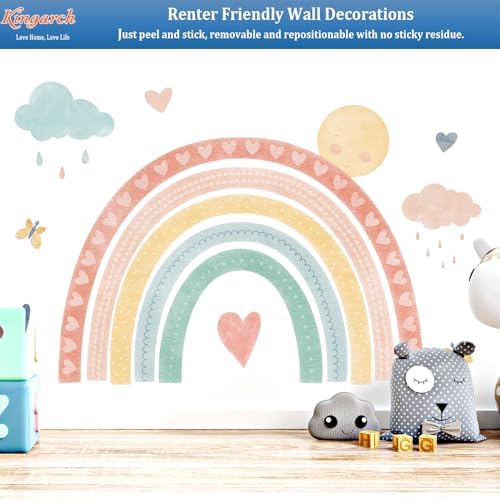 Large Watercolor Rainbow Wall Decals, Boho Sun Clouds Peel and Stick Fabric Nursery Wall Decor, Home Room Wall Decor Murals Stickers for Kids Girls Toddler Bedroom Living Room Playroom