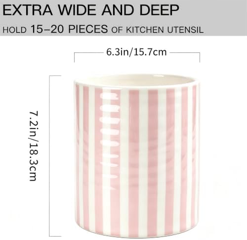 Kitchen Utensil Holder,7.2-inch Extra Large Ceramic Stripes Pattern Utensil Crock,Cooking Utensil Organizer for Kitchen Counter Decor,Storage Caddy Farmhouse Gift Pink