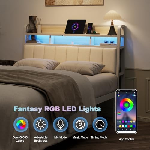 Full Headboard Only with Storage, Charging Station, Off White