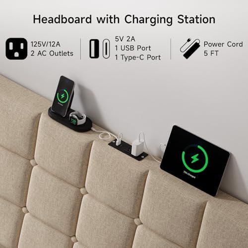 ONBRILL Ergonomic Headboard Queen Size with Charging Station, Beige