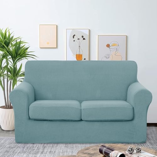 U-NICE HOME 3 Pieces Stretch Loveseat Couch Cover, Light Blue