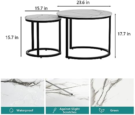 Smuxee White Nesting Coffee Table Set of 2, 23.6" Round Coffee Table Wood Grain Top with Adjustable Non-Slip Feet, Industrial End Table Side Tables for Living Room Bedroom Balcony Yard