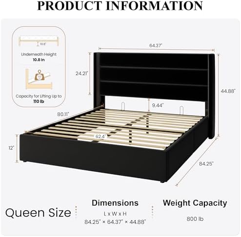 SHA CERLIN Queen Size Lift Up Hydraulic Storage Bed Frame Black