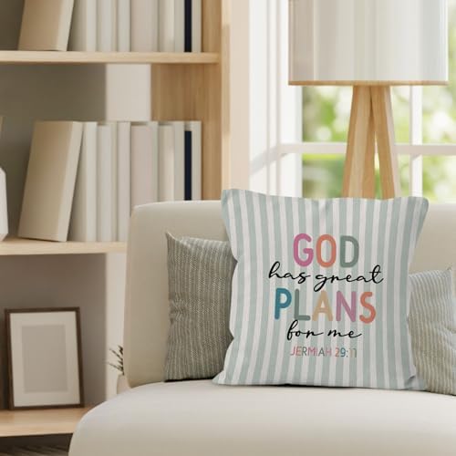 Boho Inspirational Christian Throw Pillow Cover 18x18, Bible Verse Decorative Pillow Covers for Kids Nursery Room Bedroom Playroom, Religious Green Striped Accent Pillows Cover Pillowcases