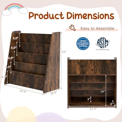 Costzon 5-Tier Kids Bookshelf, Wooden Children Bookcase, Toddler Book Rack, Magazine Storage & Display Shelf, Book Shelf for Kids Room, Living Room, Nursery, Classroom (Brown, 4 Tier)