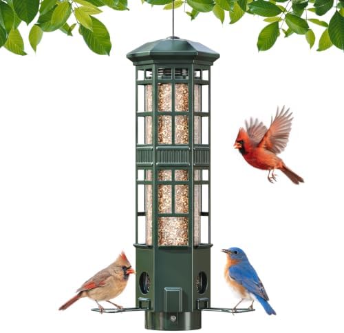Squirrel Proof Bird Feeder, Chew-Resistant Metal Hanging Bird Feeder for Outdoors Gravity Spring Mechanism, 3 Feeding Ports, 3LB Large Capacity, Weatherproof Design for Wild Birds, Green