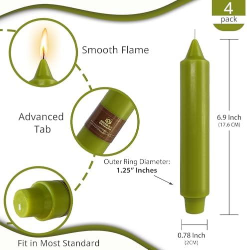 NJAO HOO Mustard Green Short Taper Candle 7 Inch Candlesticks Unscented Dripless Tapered Candle Set for Home Decor Wedding Party Dinner Candles, 4 Pack