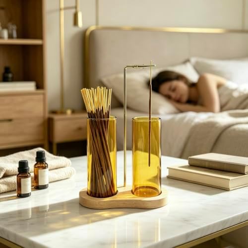 Yellow Glass Incense Holder, Incense Sticks Burner Holder with Storage,Hang Upside Down Incense Holder for Sticks with Glass Ash Catcher for Meditation Yoga Spa Room Decor (Yellow)