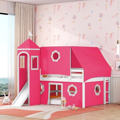 Full Size Castle Loft Bed with Slide & Pink Tent and Tower, Playhouse Design Spacious Under Bed Space with Curtains, Wood Tent Bed Frame for Kids Boys Girls(Pink,Full)