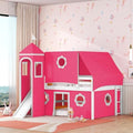 Full Size Castle Loft Bed with Slide & Pink Tent and Tower, Playhouse Design Spacious Under Bed Space with Curtains, Wood Tent Bed Frame for Kids Boys Girls(Pink,Full)