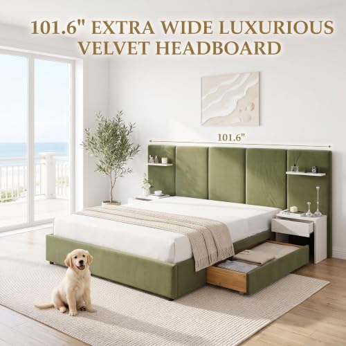 Queen Size Bed Frame with Storage & Built-in Nightstands & Drawers, Green