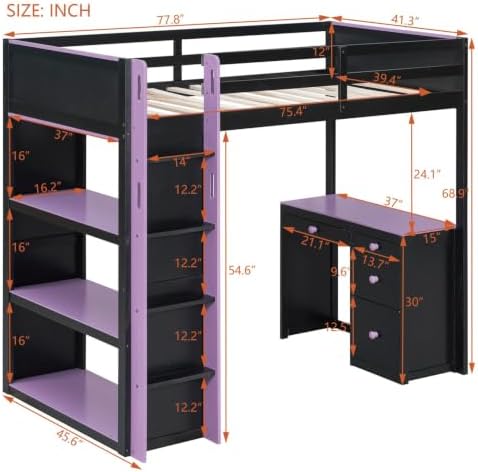 LUMISOL Twin Gaming Loft Bed with Desk and Storage Shelves, Solid Wood Loft Bed with Drawers and Computer Desk for Teens, Space Saving High Loft Bed Frame for Kids Bedroom Purple
