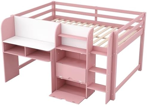 SOFTSEA Full Size Low Loft Bed with Desk and Storage, Pink