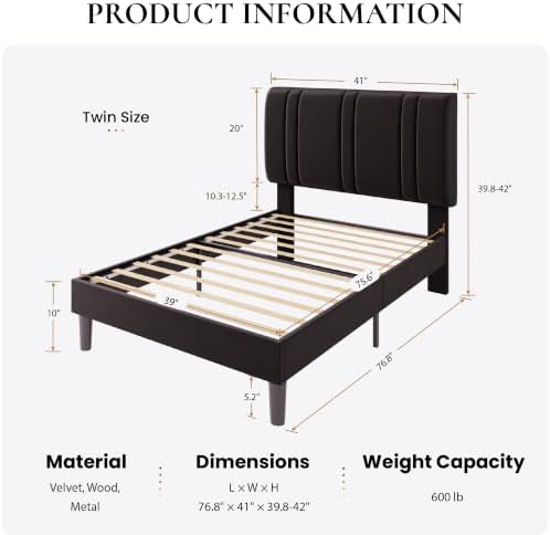 SHA CERLIN Twin Size Velvet Bed Frame with Adjustable Headboard, Black